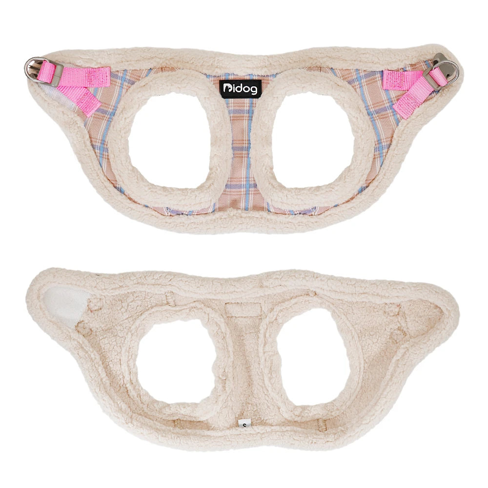 Soft, adjustable winter plaid dog harness with warm fleece lining for small dogs, puppies, and French bulldogs.