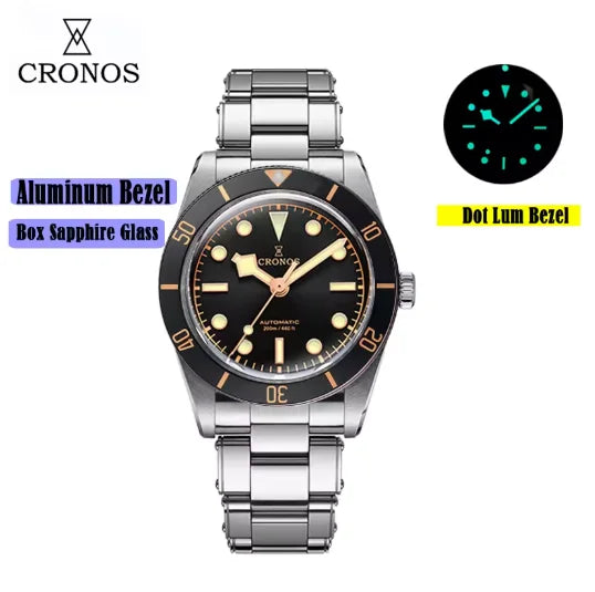 CRONOS Men Automatic Watch 37mm Mechanical Wristwatch Sapphire Diver 20ATM Waterproof BGW-9 Luminous PT5000 SW200 Ceramic Bezel