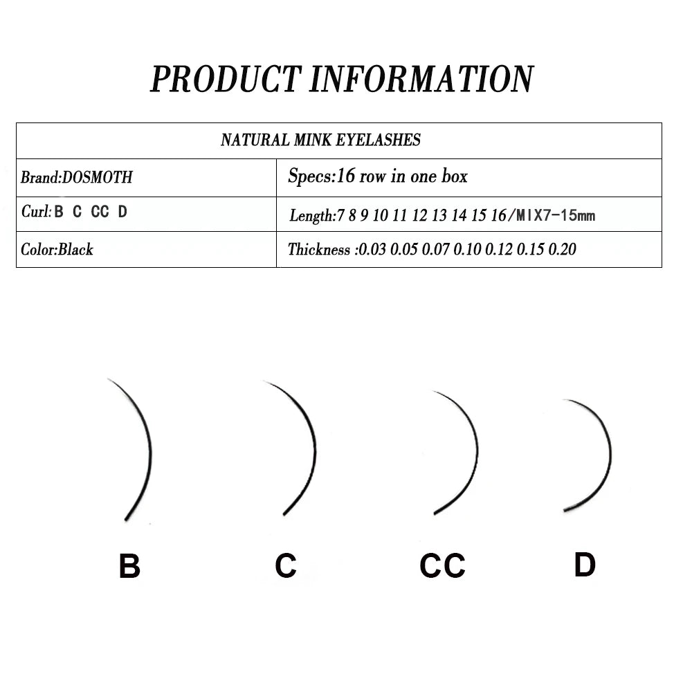 Black mink eyelash extension chart showing 16 rows per box with B, C, CC, and D curl variations.