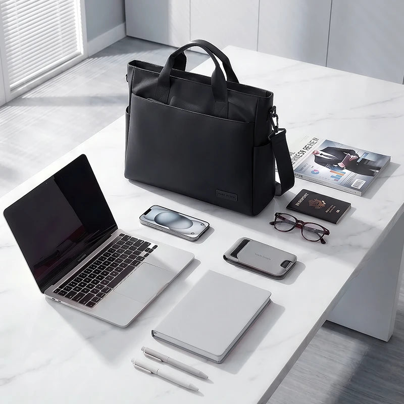 Black Mark Ryden designer laptop tote bag with top handles, crossbody strap, and minimalist professional style.