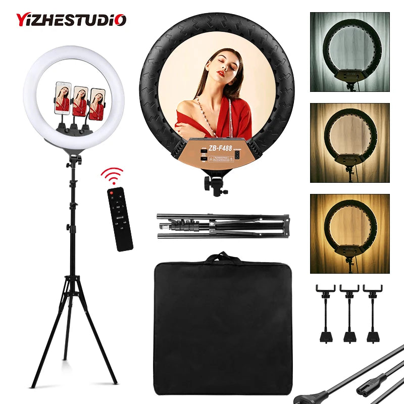 Large LED ring light with tripod stand, three phone holders, remote control, and carry bag for photography and video.