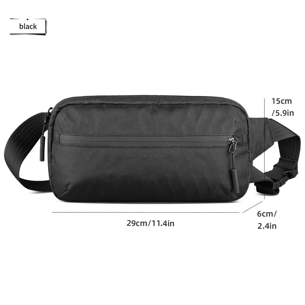 Black waterproof designer crossbody bag for men, featuring a textured geometric pattern and front zip compartment.