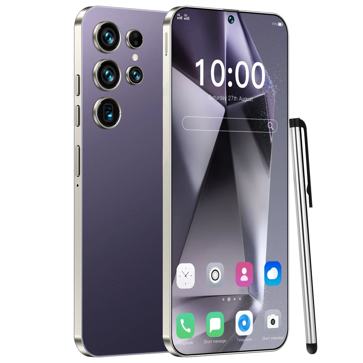 Purple Android 15 smartphone with quad rear camera and front touchscreen