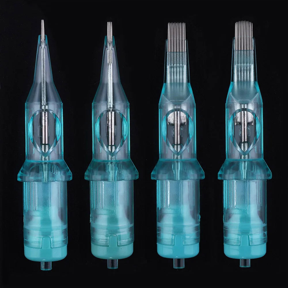 Four blue-tinted translucent tattoo needle cartridges with varying stainless steel needle configurations.