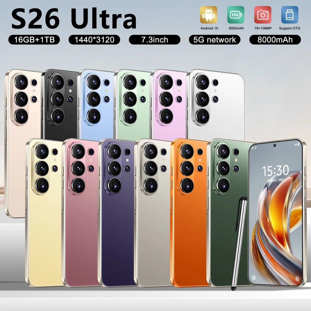 S26 Ultra smartphone 7.3 inch screen with 16GB RAM and 1TB storage, 5G Android mobile phone side profile view.