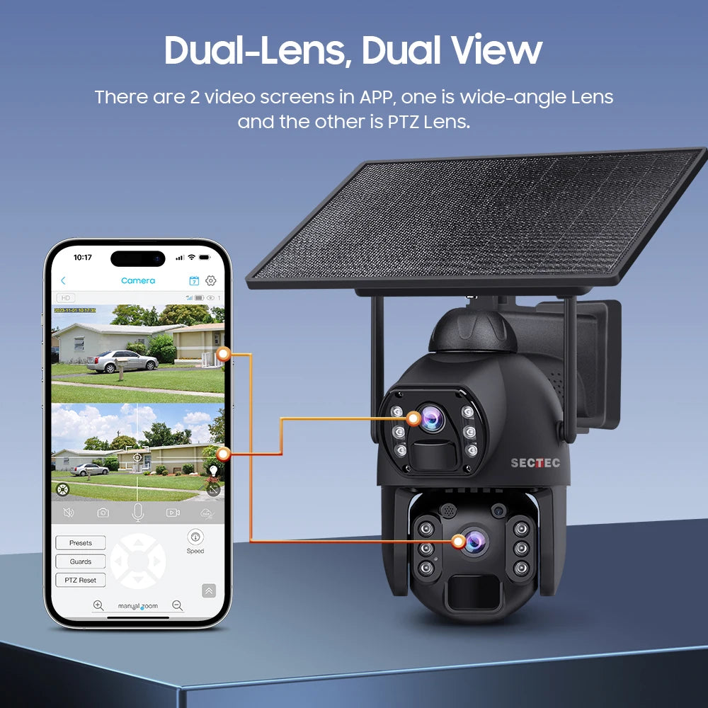 SECTEC AOV 24/7 Record Floodlight Solar Battery PTZ Metal 10W Solar Panel Outdoor Waterproof Security 4G PIR CCTV WIFI IP Camera Tidesmit