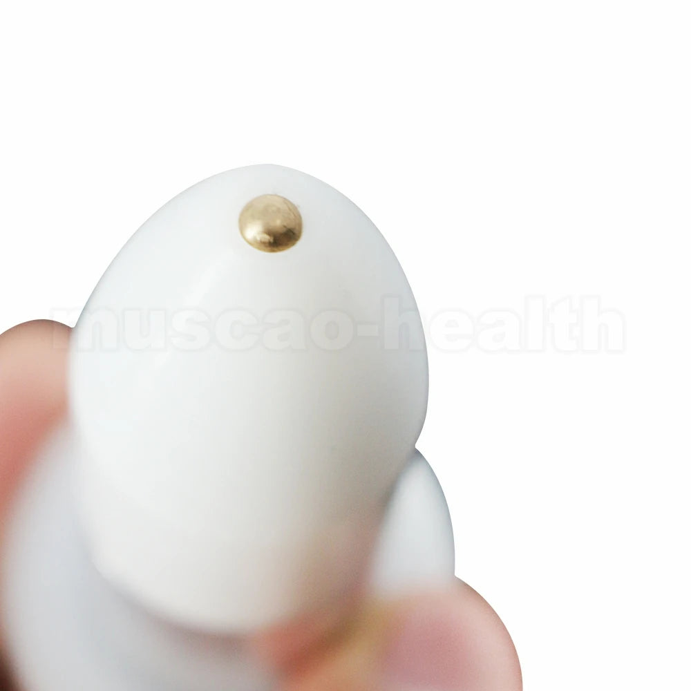 White portable trigger point muscle massage tool with metal tip for home self-tissue relaxation and pain relief.