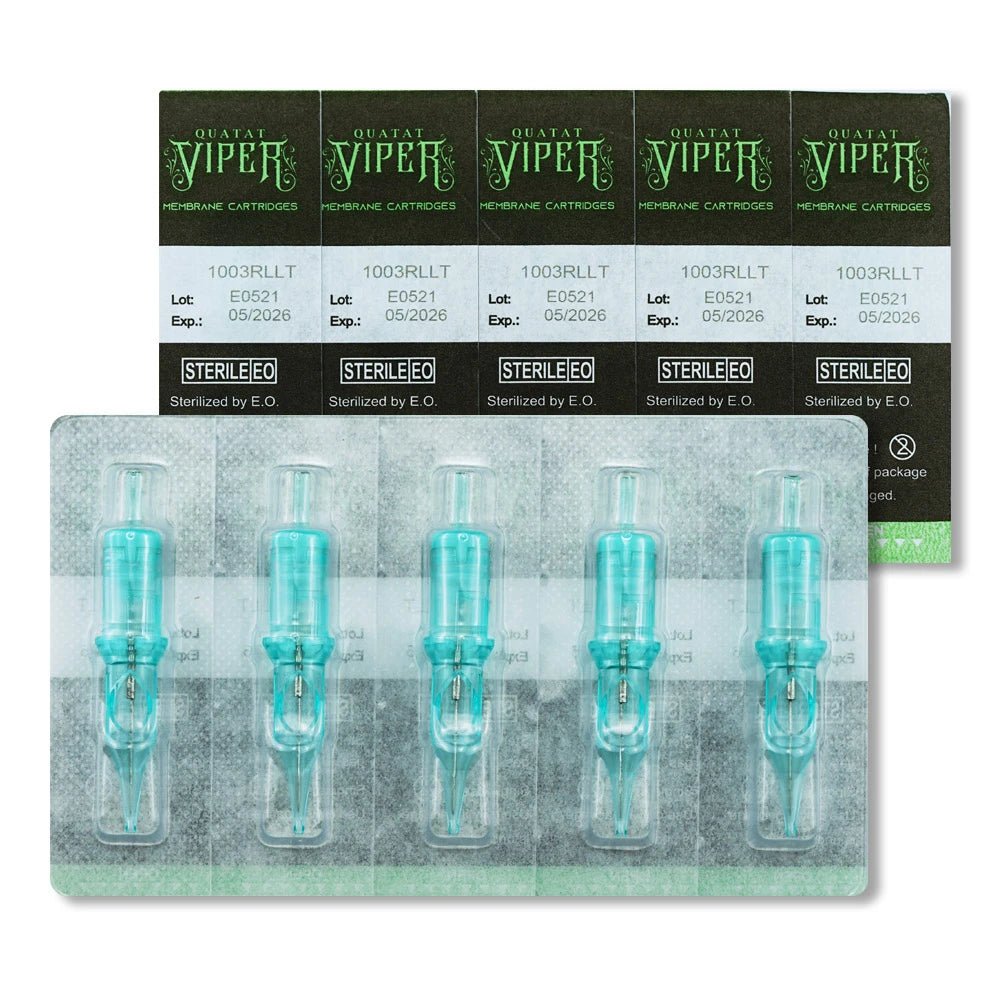 Five sterile tattoo needle cartridges in individual clear blue plastic casing, arranged in a row on a black backing.
