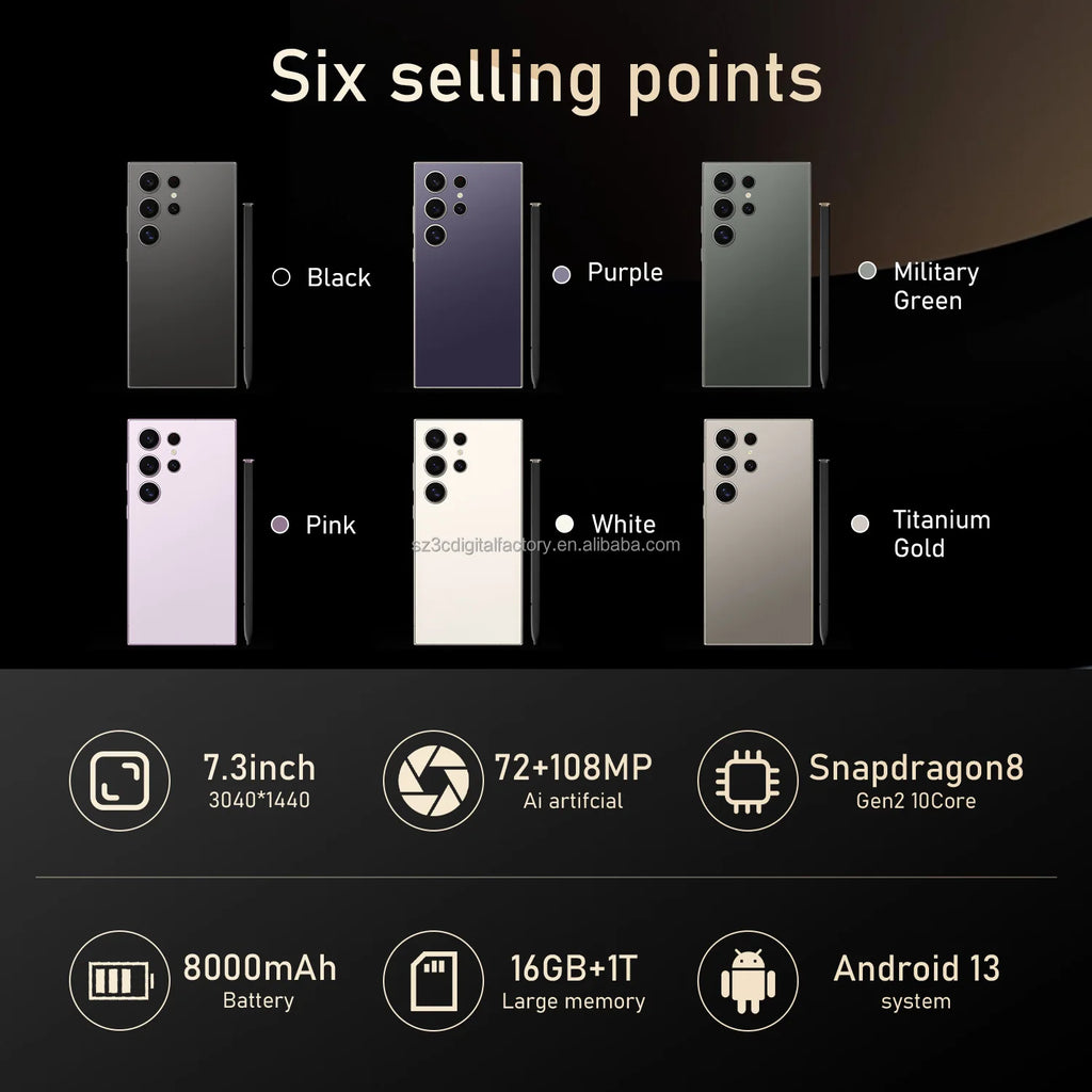 Tidesmit S25 Ultra 5G smartphone with 108MP camera, 16GB RAM, 1TB storage, and deca-core CPU for mobile gaming.