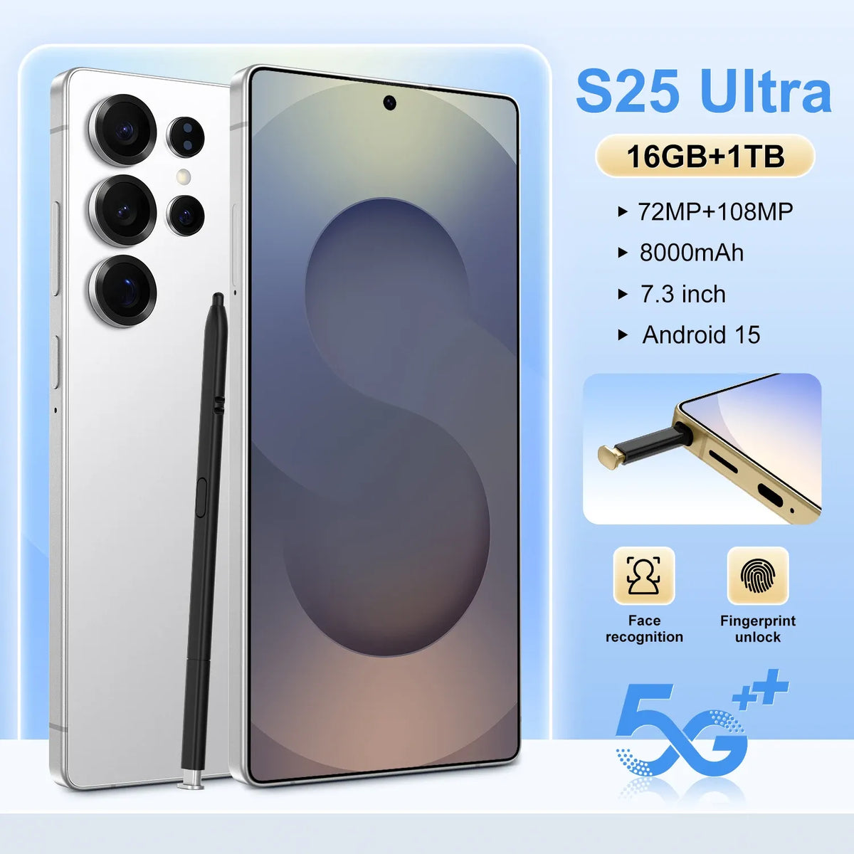 Gold smartphone with quad rear cameras, front display, and black stylus pen