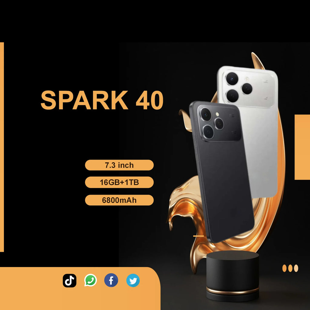 Spark 40 5G smartphone with 16GB RAM 1TB storage, 108MP camera, and fast charging HD screen, gallery view six.