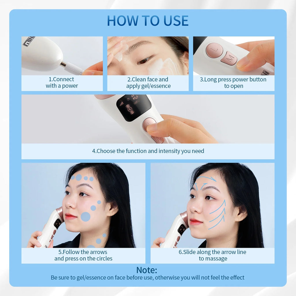 Instructional graphic showing a white and rose gold portable HIFU facial lifting device and how to use it on the skin.
