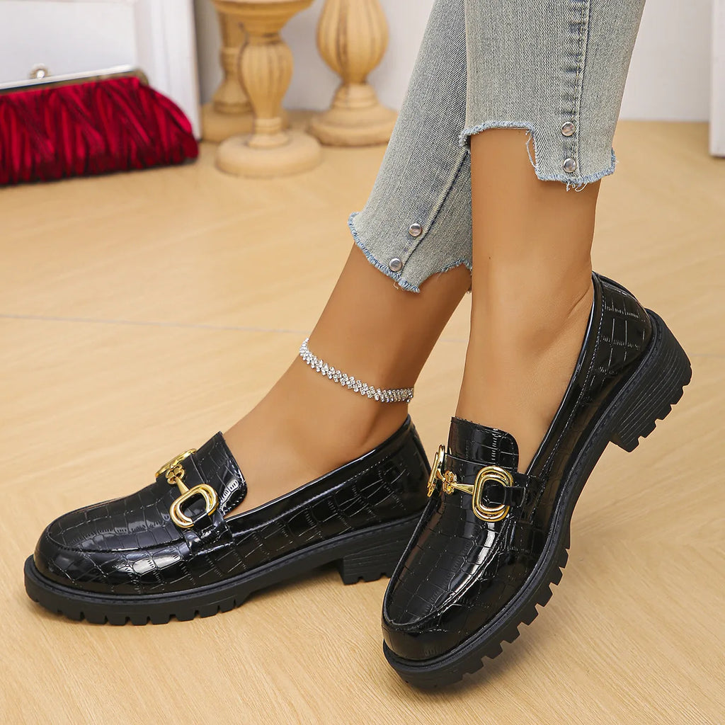 Women's Loafers Burgundy Patent Leather Platform Shoes Round Toe Metal Buckle Casual Fashionable Dress Shoes for Women Ladies