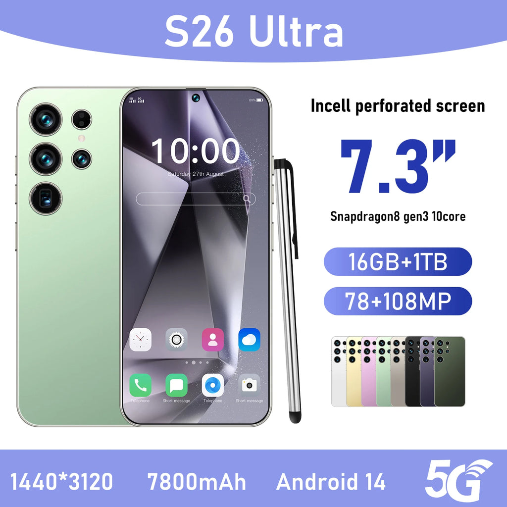 2025 New Original Phones S26 ultra 5g Smartphones 22GB+2TB 5G Dual SIM Cellphone Mobile Phone Face Unlock Android 14 5G Phone Green 16g 1TB Tidesmit