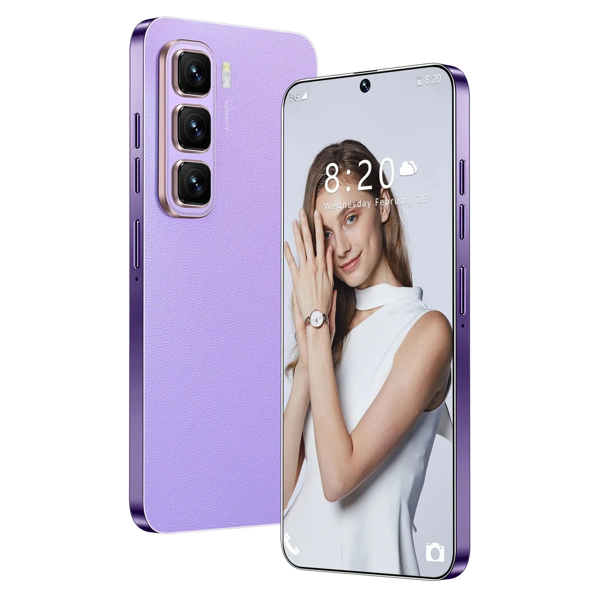 Purple 5G smartphone with triple rear cameras and front screen.