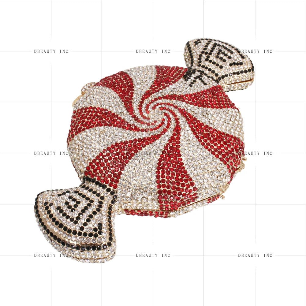 Candy-shaped rhinestone designer clutch in red, white, and black crystals for evening wear and formal parties.