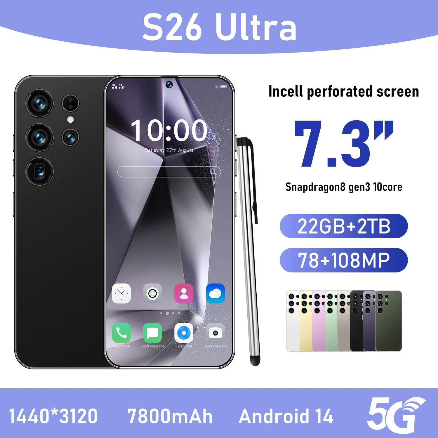 2026 New Original S26 Ultra Smartphones 5G Dual SIM 22GB+2TB Storage 100W Quick HD Face Unlock Android 15 Deca Core 108MP