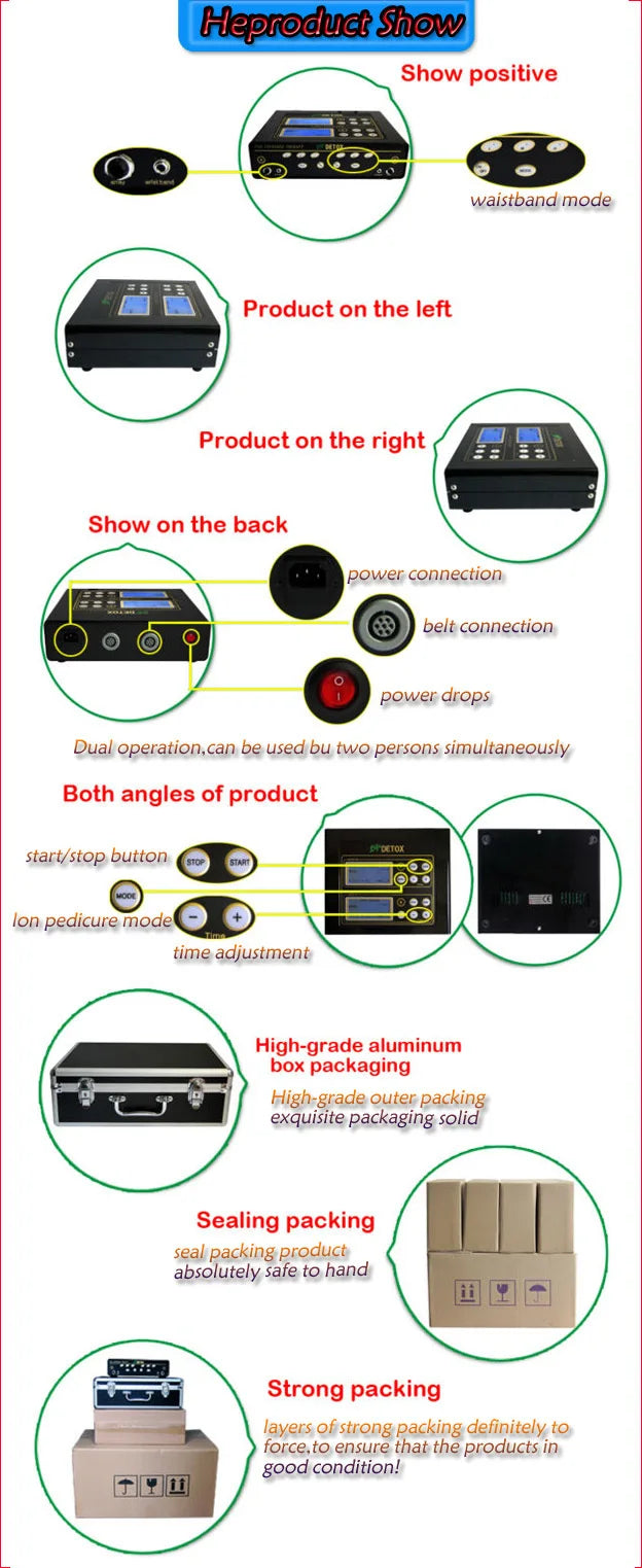Dual ionic detox foot spa machine with LCD, infrared belt, dual ports for two users, and protective aluminum carry case.