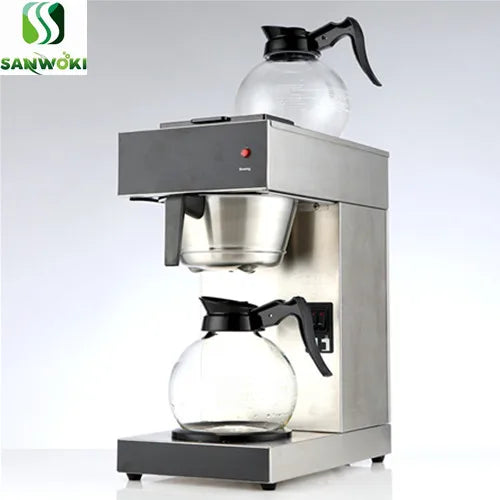 Sanwoki stainless steel commercial coffee maker with two glass carafes and brew basket on a white background.