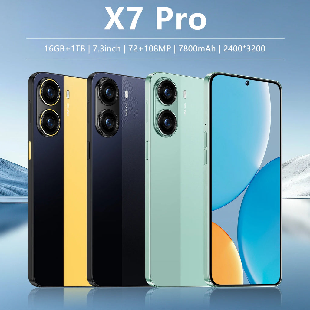 Tidesmit Mobile Phone X7 Pro 5G with 7.3 inch display, 16GB RAM, and 108MP camera for high-speed mobile performance.