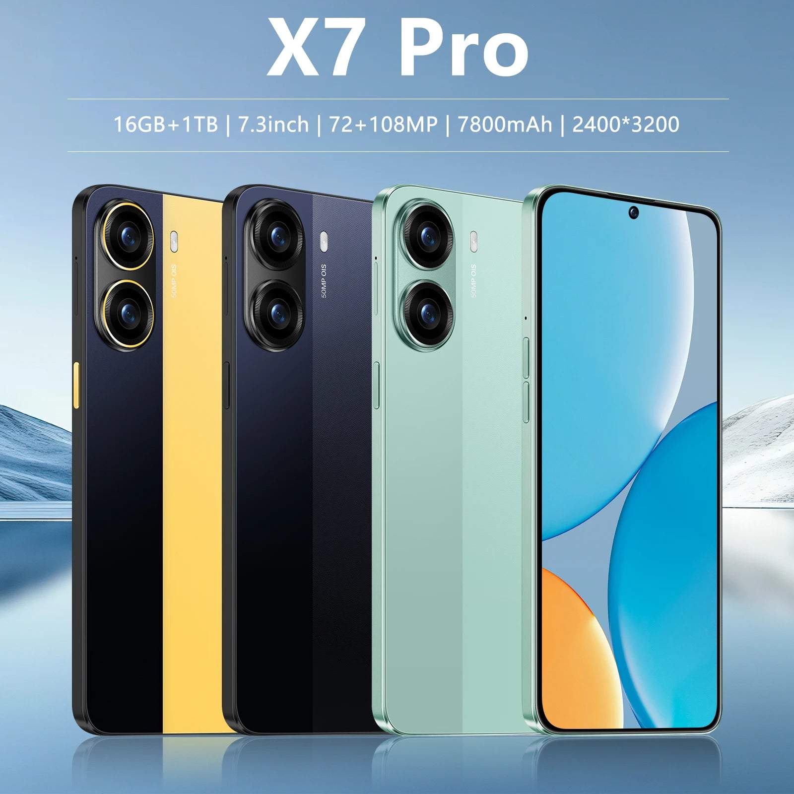 Tidesmit Mobile Phone X7 Pro 5G with 7.3 inch display, 16GB RAM, and 108MP camera for high-speed mobile performance.