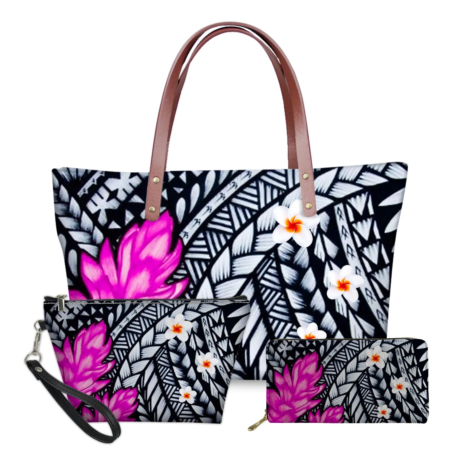 3-piece set: tote, pouch, and wallet with black/white Polynesian tribal patterns, pink florals, and brown handles.
