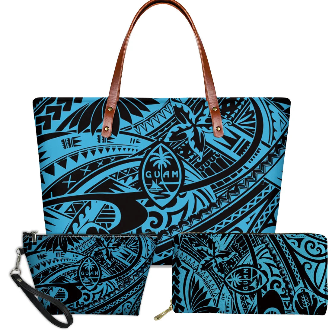 3pc blue and black Polynesian tribal Guam print handbag set with floral motifs, leather handles, and matching purses.