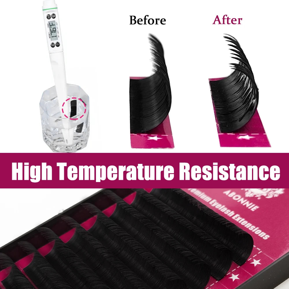 Abonnie silk eyelash extensions in a tray, showing a heat resistance test comparing curl before and after heating.