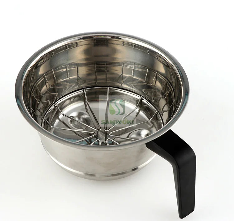 Sanwoki stainless steel coffee dripper with wire mesh filter and black handle isolated on white background.