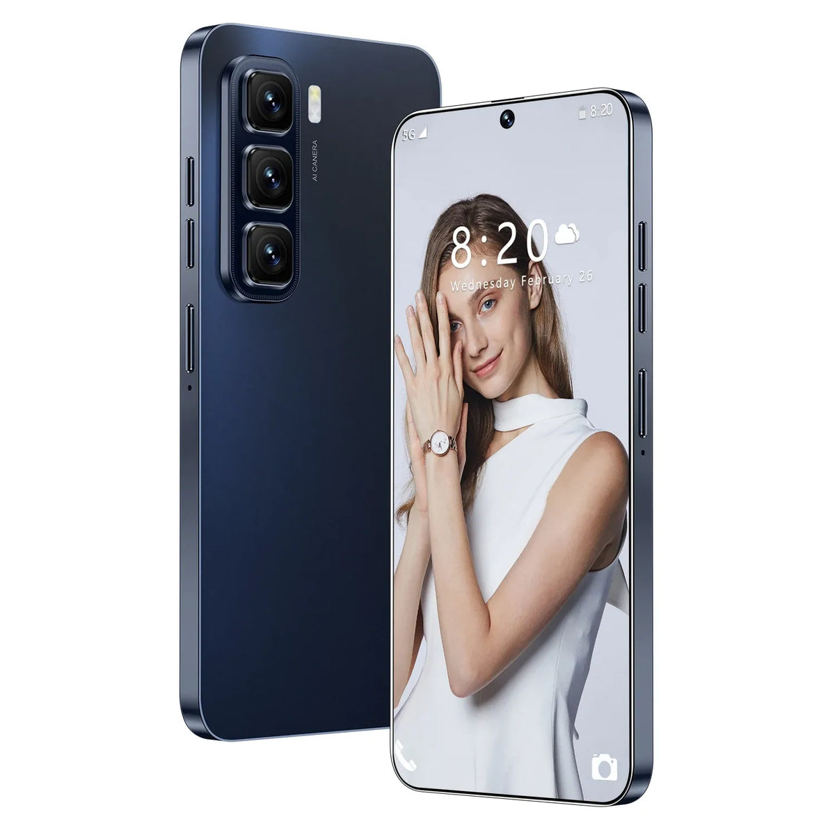 Black 5G smartphone with triple rear cameras and front screen.