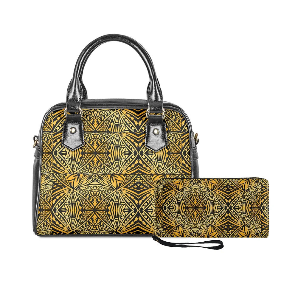 2-piece handbag set featuring black and gold Polynesian tribal monstera leaf print, structured vegan leather design.