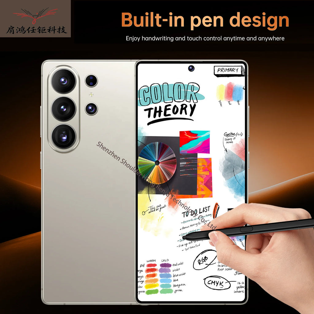 Close up of Tidesmit S26 Ultra smartphone showing sleek build, side buttons, charging port and integrated stylus pen.