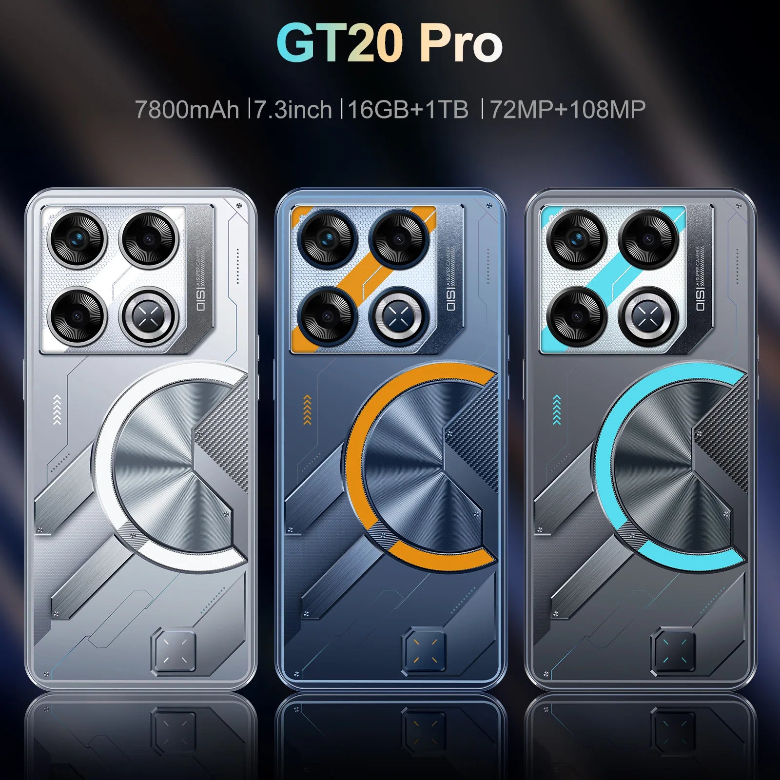 Tidesmit Gt20 Pro 7.3-inch 5G smartphone with 16GB RAM, 1TB storage, and dual 108MP camera in slim profile.
