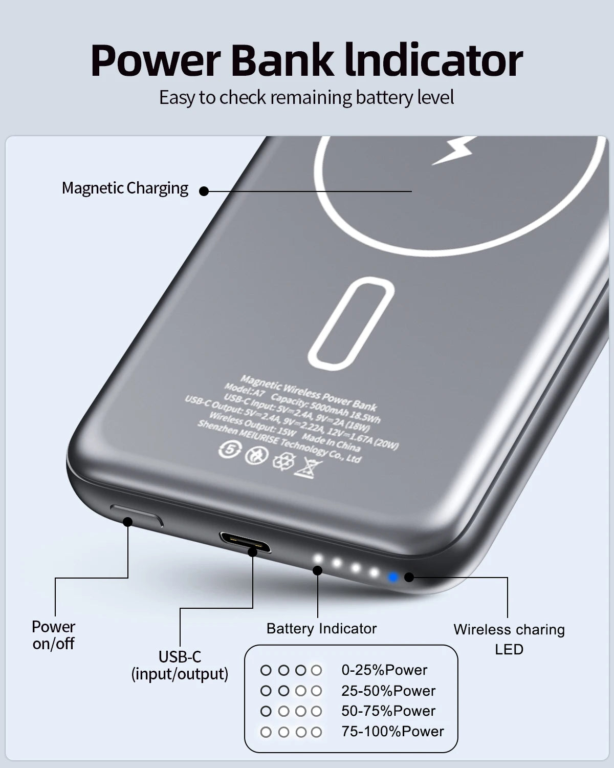 Power bank charger-10000mAh Power Bank Magnetic Wireless Metal Fast Charging PD20W Type C Port Battery Pack Portable Powerbank for iPhone Samsung Tidesmit
