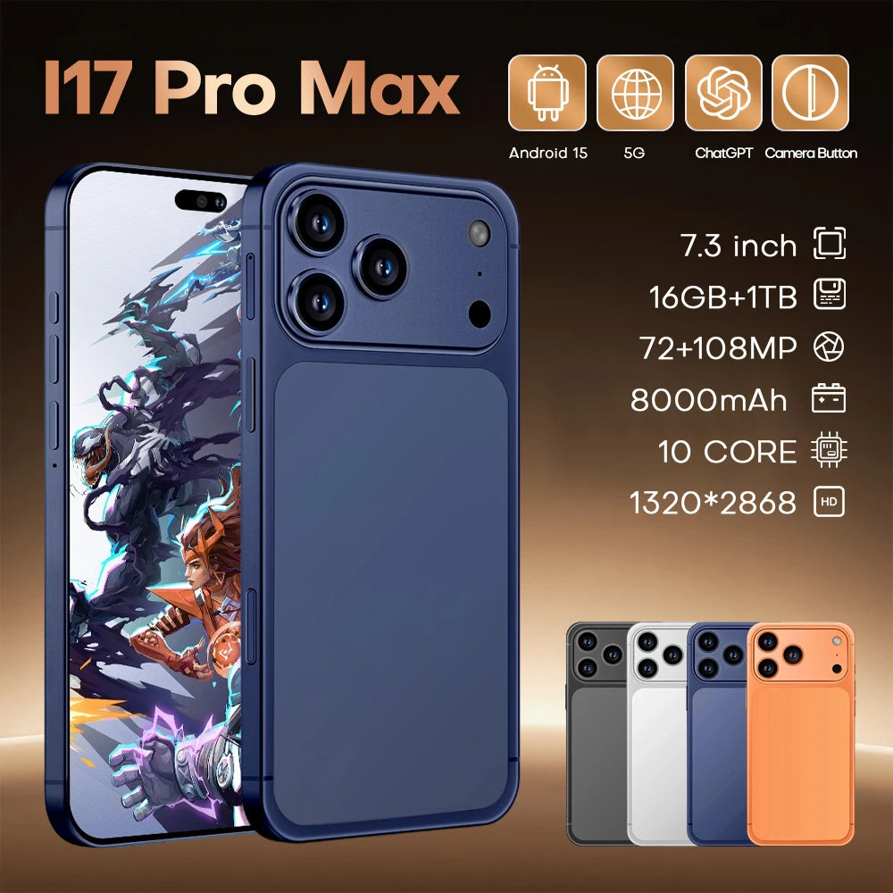 I17 Pro Max 5G Smartphone, 7.3 Inch HD, 16GB RAM, 1TB Storage Blue 16g 1TB Tidesmit