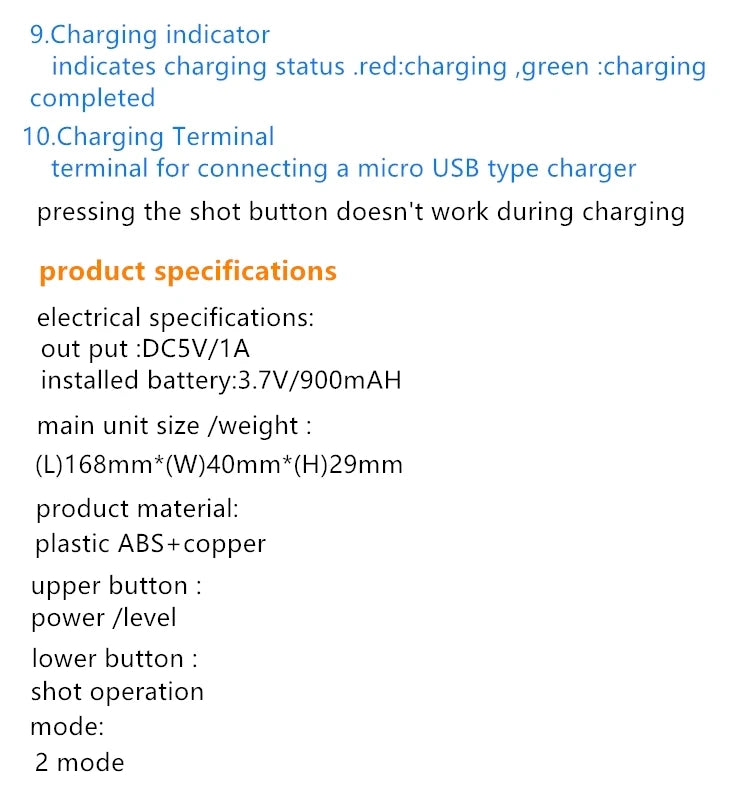 Technical specifications text for a handheld electronic device with charging status, micro USB port, and two-mode