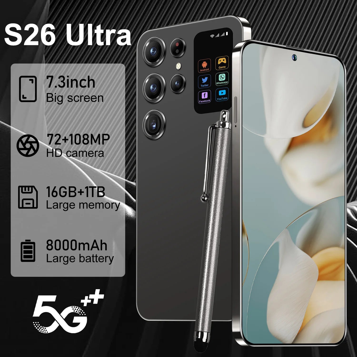 S26 Ultra 5G Smartphone 1TB Storage - 7.3-inch HD Display Black 16g 1TB Tidesmit