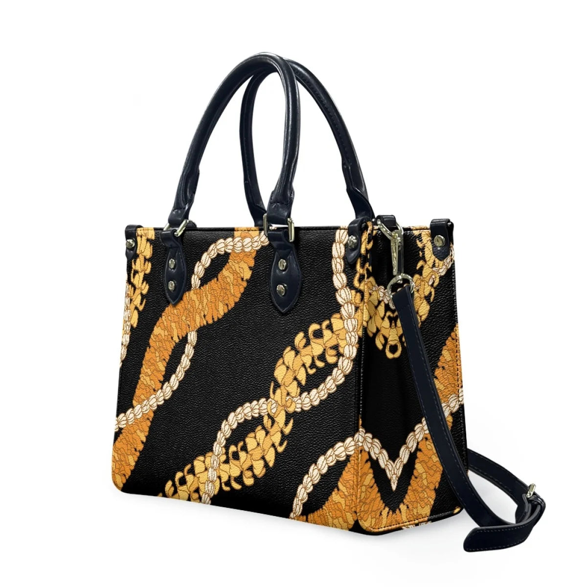 Black leather handbag with gold and white Polynesian tribal trunk print, dual top handles, and adjustable shoulder strap.