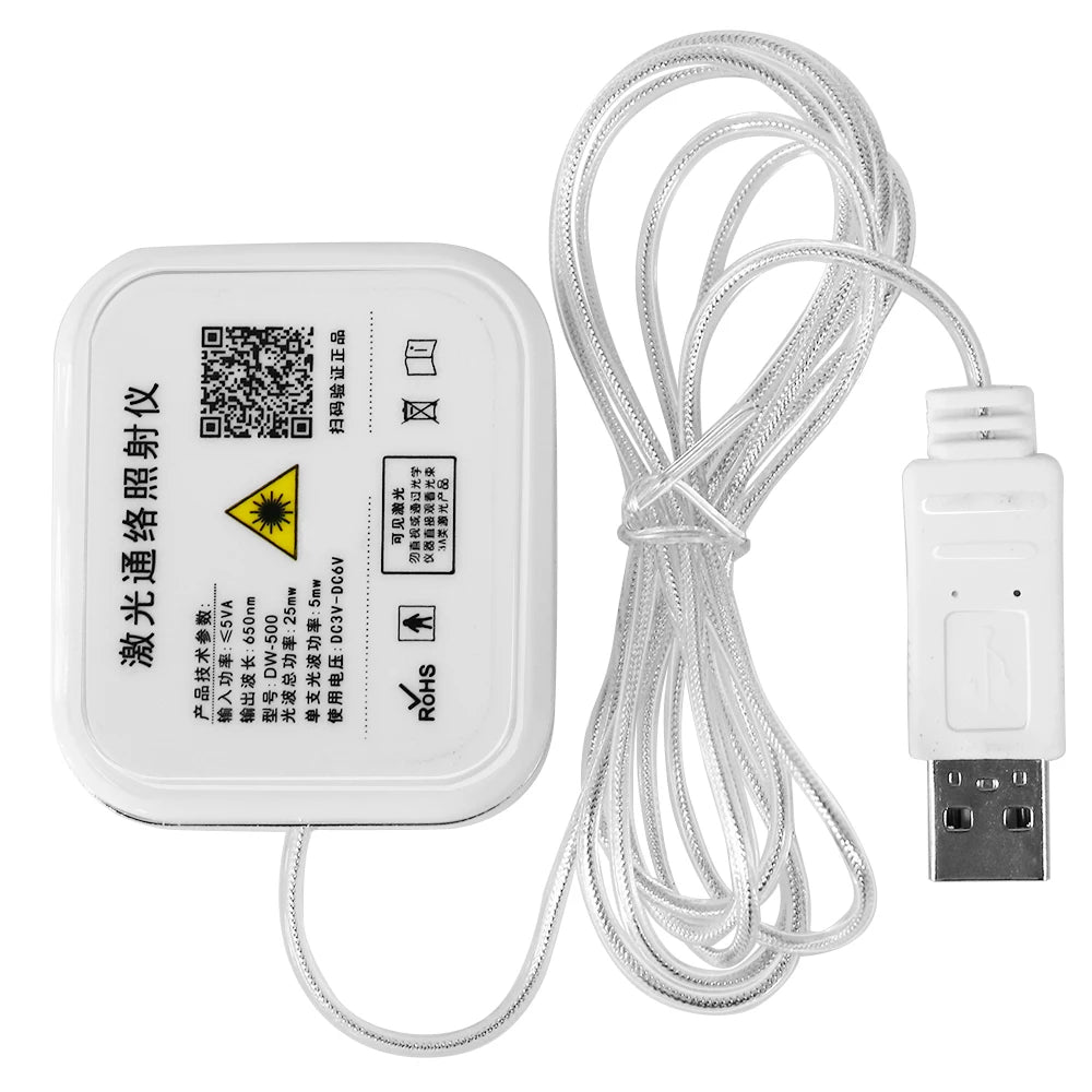 White square laser therapy device with USB connector and coiled white cable, featuring technical safety labels.
