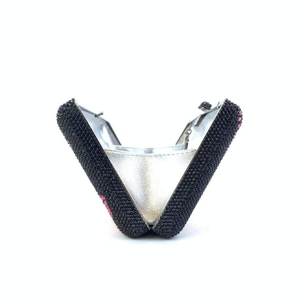 Art Deco rhinestone clutch, black geometric evening bag with silver interior, perfect for vintage theme parties.