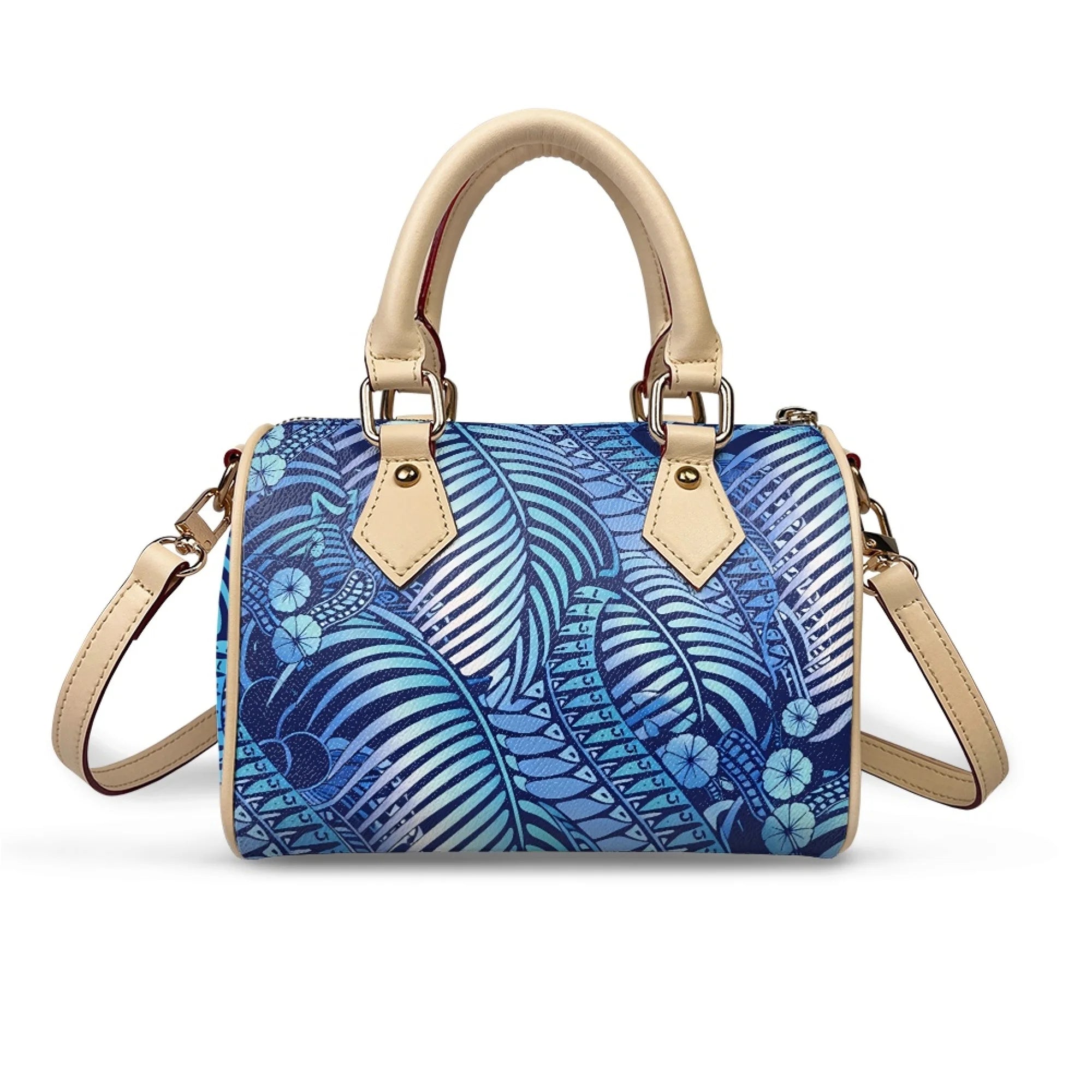 Blue tribal print pillow handbag with beige top handle and detachable shoulder strap, summer style trunk purse.
