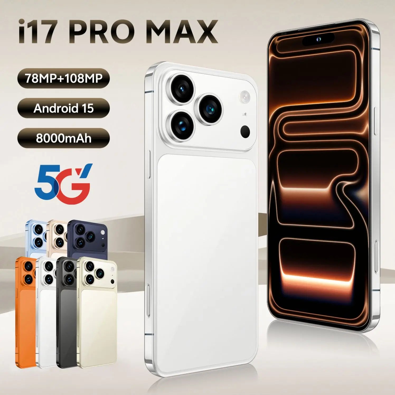 Tidesmit 2026 Model 17 Pro Max 5G smartphone with 16GB RAM, 6.9 inch screen, and 256GB/512GB storage capacity.