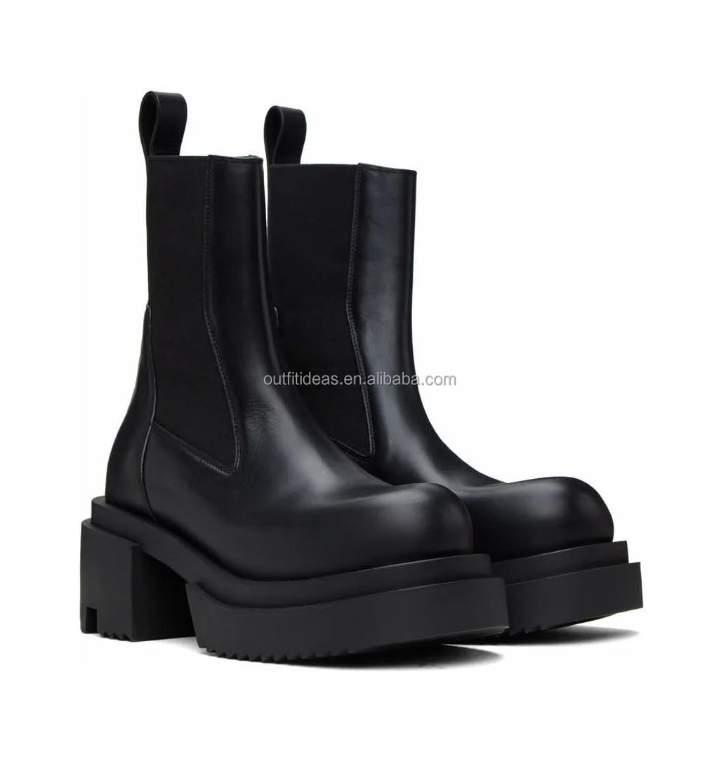 Calfskin Boots in Black Original Unisex Women Platform Block Heel Dress Leather Shoes Men Chelsea Boots Beatle Bogun Ankle Boots