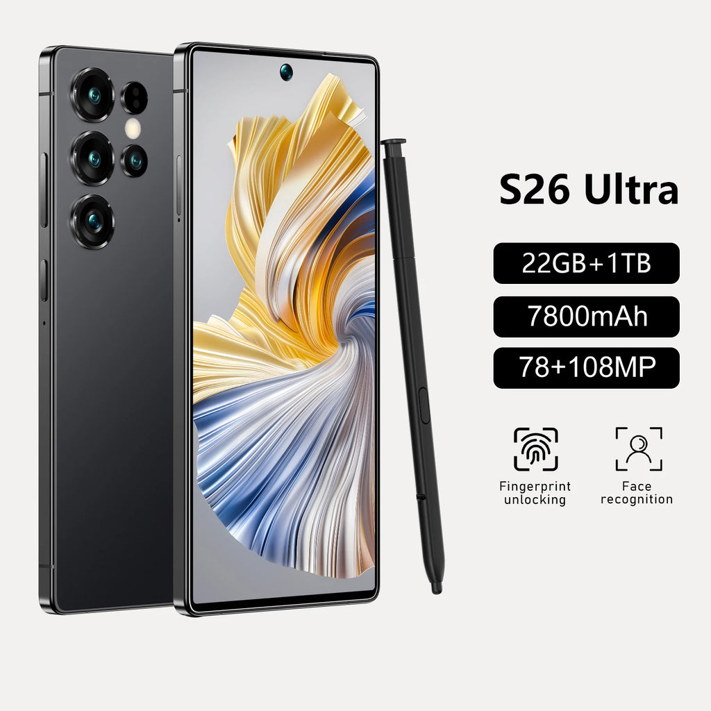 S26 Ultra 5G Smartphone, 22GB RAM, 1TB Storage, 7.3 Inch Screen Black 22GB 1TB Tidesmit