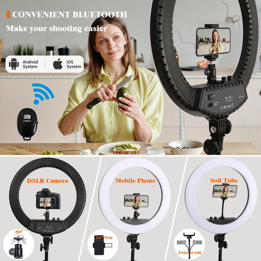 18-inch black LED ring light with phone holder, flexible mount, and Bluetooth remote for content creation.