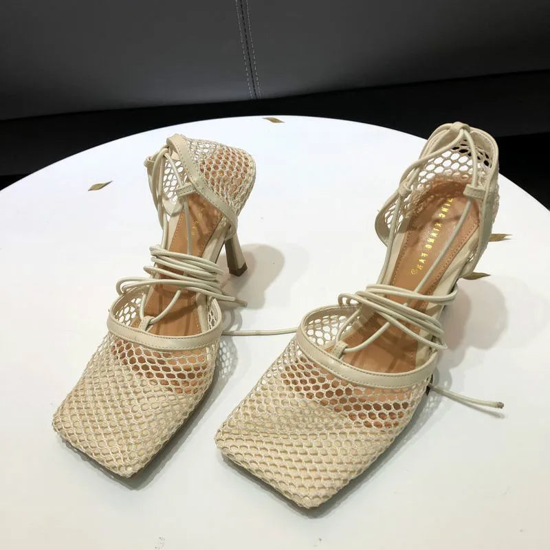 Ankle Strap Talon Haut 2022 Luxury Sexy Lace up Summer Mesh Sandals Square Toe Designer Shoes Women Heels