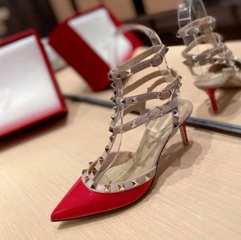 High-heel studded leather women's pumps, painted leather sexy women's sandals
