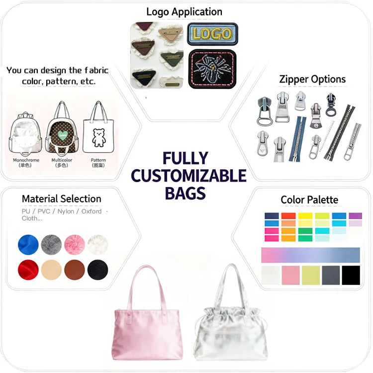 Customizable designer handbags: pink and silver metallic shoulder bags with lining, zippers, and color options.
