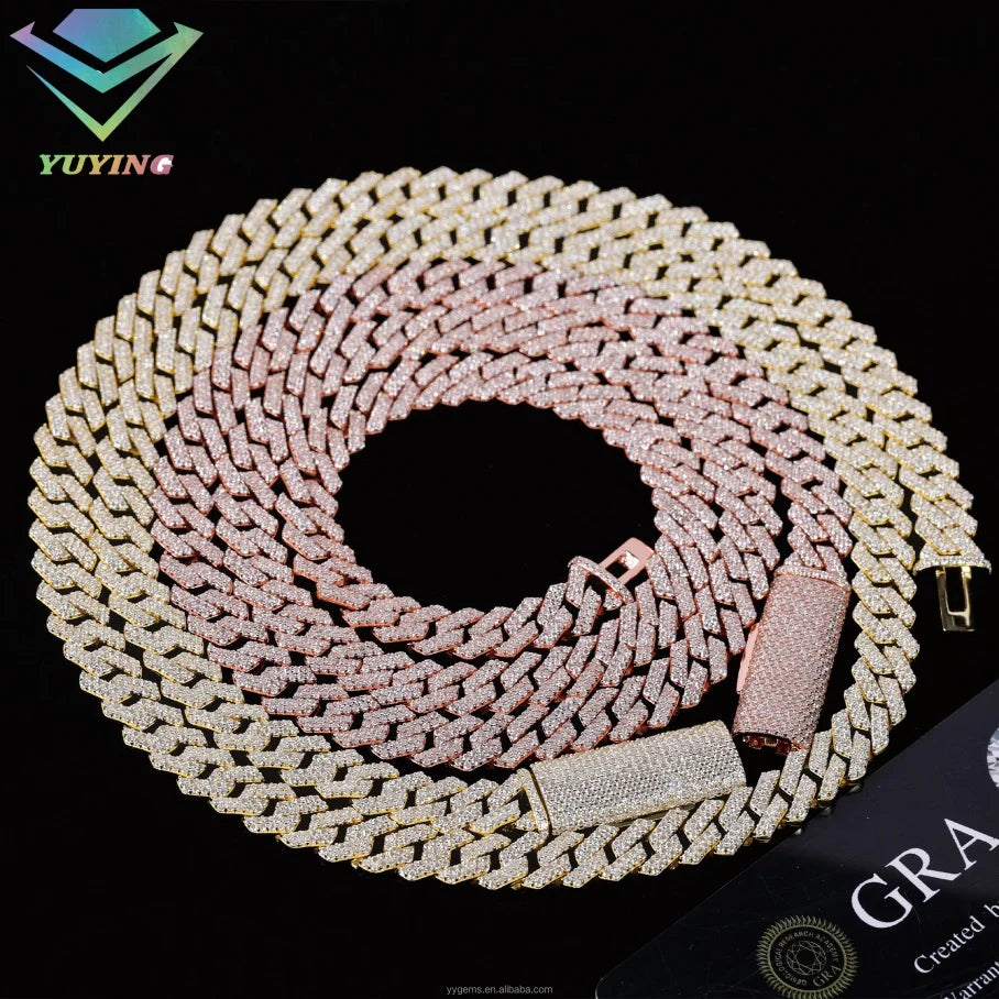 8mm-12mm Width 100% Pass Tester 18k Gold Plated 2rows VVS Moissanite  925 Silver Cuban Link Chain for Hip Hop Rapper Jewelry