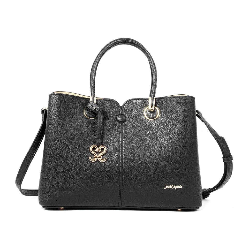 Elegant black waterproof PU leather designer handbag with gold charm, dual top handles, and adjustable shoulder strap.